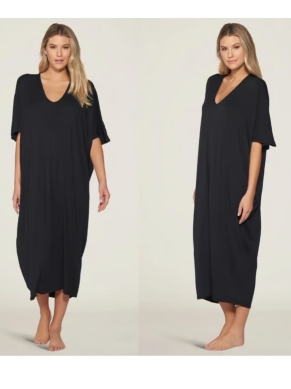 Barefoot Dreams Luxe Milk Jersey Caftan Dress Black Nightgown Oversized One Size - Picture 13 of 13